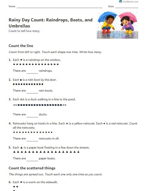 Rainy Day Count: Raindrops, Boots, and Umbrellas worksheet preview