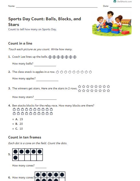 Sports Day Count: Balls, Blocks, and Stars worksheet preview