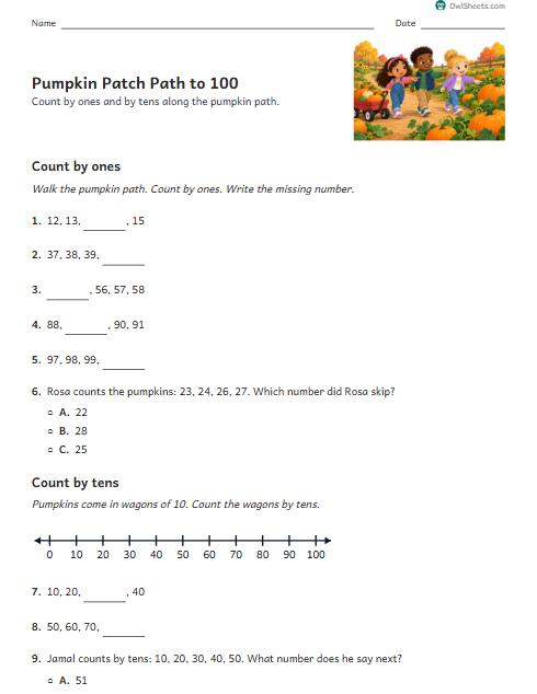 Pumpkin Patch Path to 100 worksheet preview