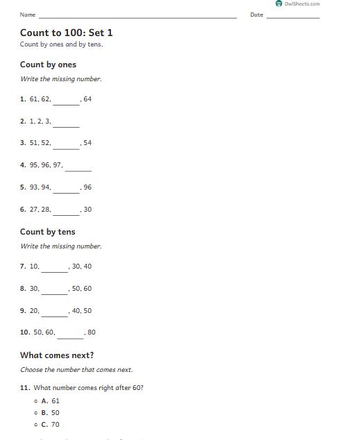 Count to 100: Set 1 worksheet preview