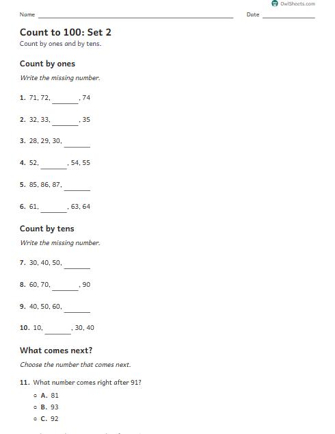 Count to 100: Set 2 worksheet preview