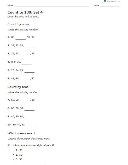 Count to 100: Set 4 worksheet preview
