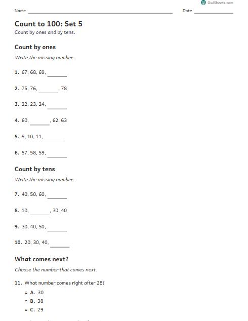Count to 100: Set 5 worksheet preview