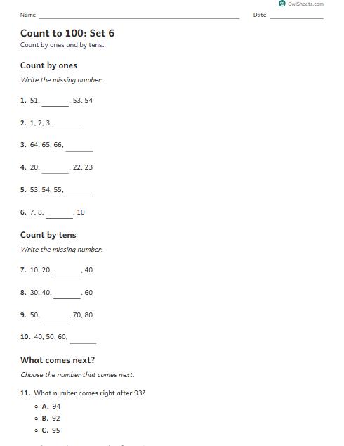 Count to 100: Set 6 worksheet preview