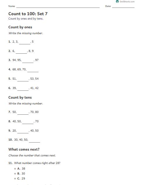 Count to 100: Set 7 worksheet preview