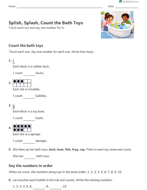 Splish, Splash, Count the Bath Toys worksheet preview