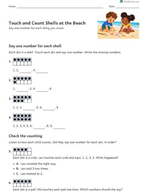 Touch and Count Shells at the Beach worksheet preview
