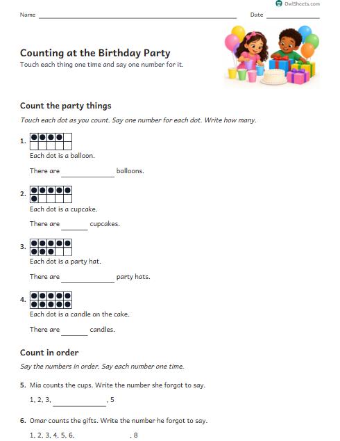 Counting at the Birthday Party worksheet preview