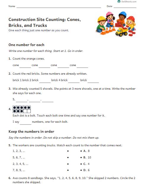 Construction Site Counting: Cones, Bricks, and Trucks worksheet preview
