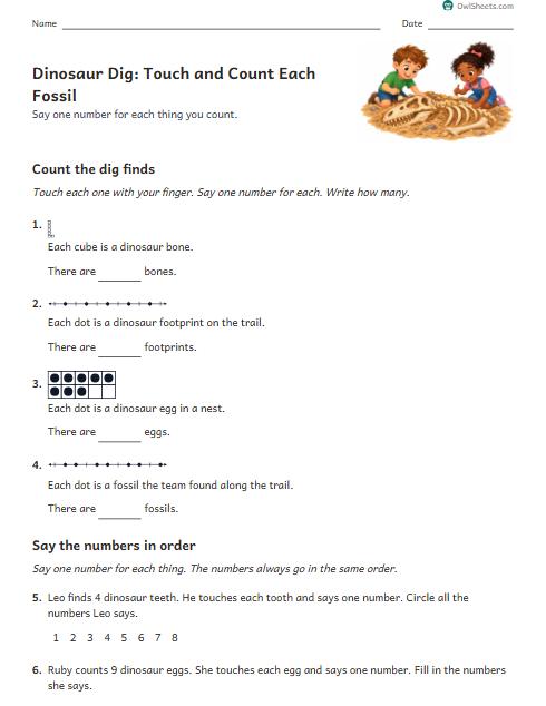 Dinosaur Dig: Touch and Count Each Fossil worksheet preview
