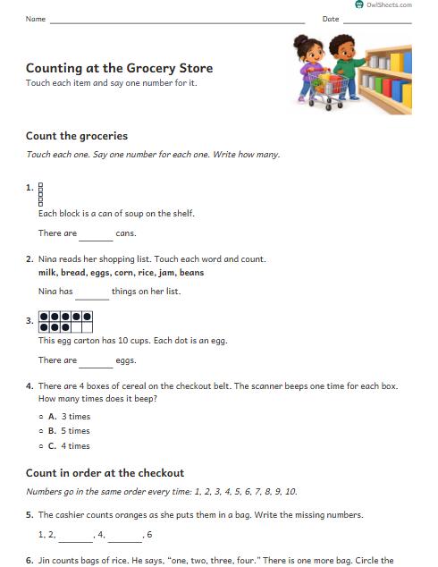 Counting at the Grocery Store worksheet preview