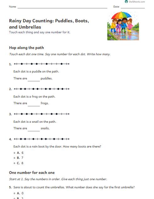 Rainy Day Counting: Puddles, Boots, and Umbrellas worksheet preview