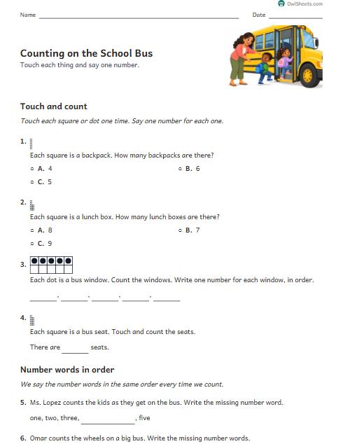 Counting on the School Bus worksheet preview