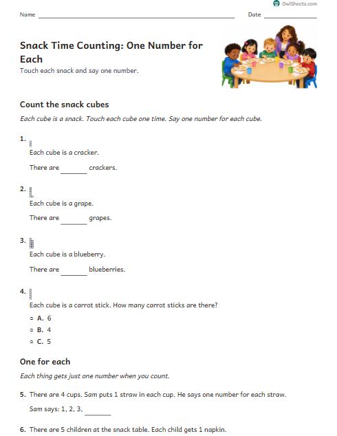 Snack Time Counting: One Number for Each worksheet preview