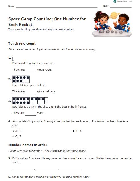 Space Camp Counting: One Number for Each Rocket worksheet preview