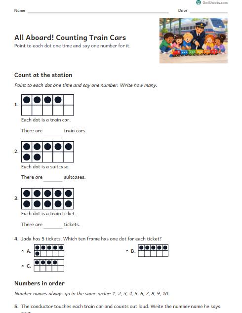 All Aboard! Counting Train Cars worksheet preview
