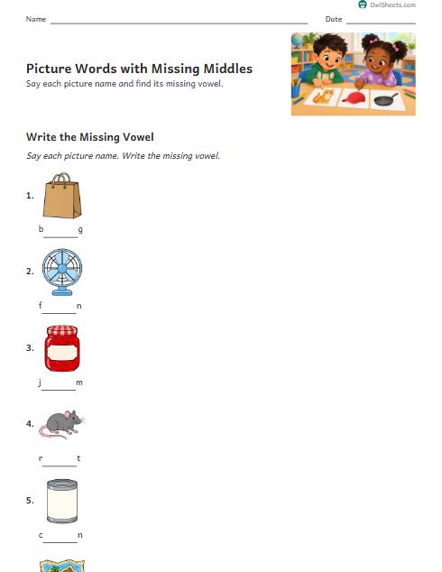 Picture Words with Missing Middles worksheet preview