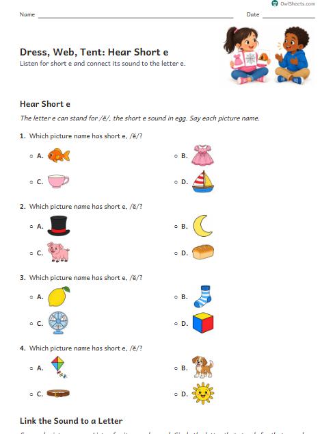 Dress, Web, Tent: Hear Short e worksheet preview