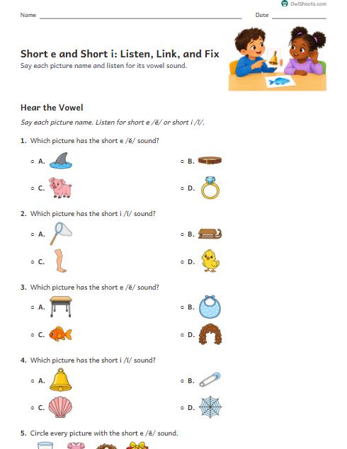 Short e and Short i: Listen, Link, and Fix worksheet preview