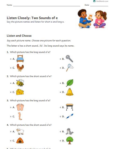 Listen Closely: Two Sounds of e worksheet preview