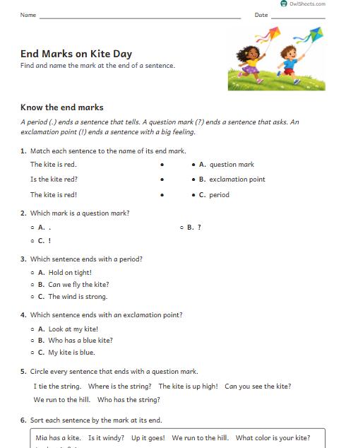 End Marks on Kite Day worksheet preview