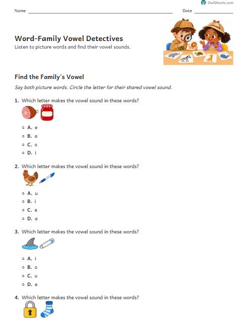Word-Family Vowel Detectives worksheet preview