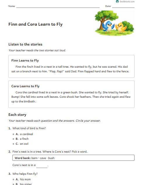 Finn and Cora Learn to Fly worksheet preview