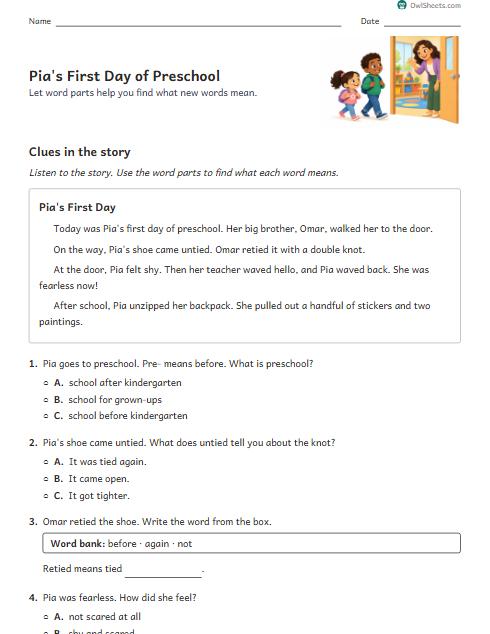 Pia's First Day of Preschool worksheet preview
