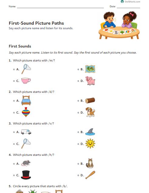 First-Sound Picture Paths worksheet preview