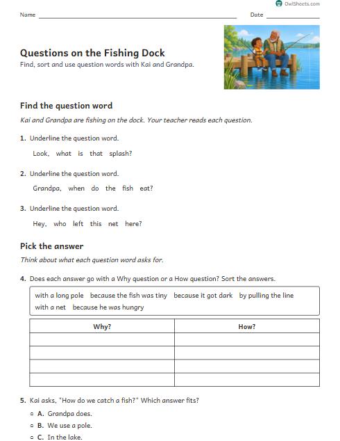 Questions on the Fishing Dock worksheet preview