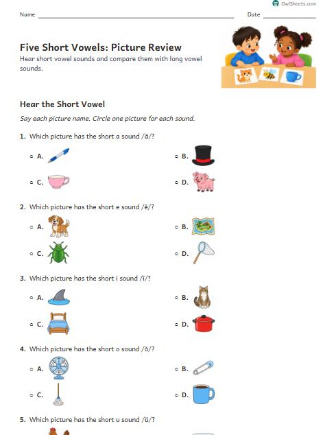 Five Short Vowels: Picture Review worksheet preview