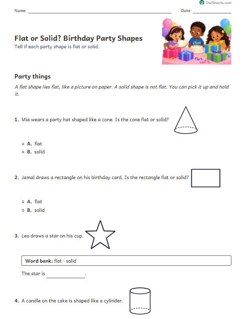 Flat or Solid? Birthday Party Shapes worksheet preview