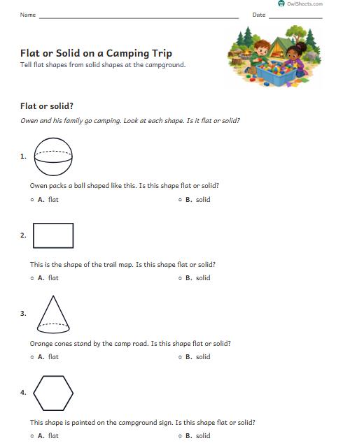 Flat or Solid on a Camping Trip worksheet preview