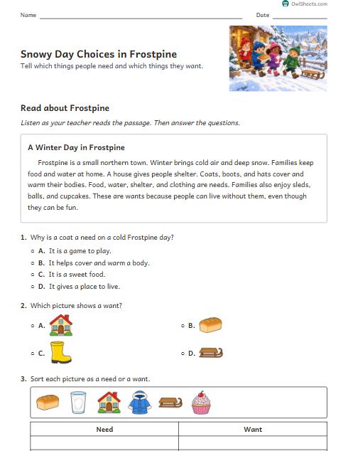 Snowy Day Choices in Frostpine worksheet preview