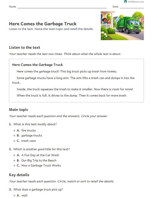 Here Comes the Garbage Truck worksheet preview