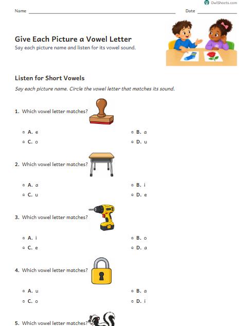 Give Each Picture a Vowel Letter worksheet preview