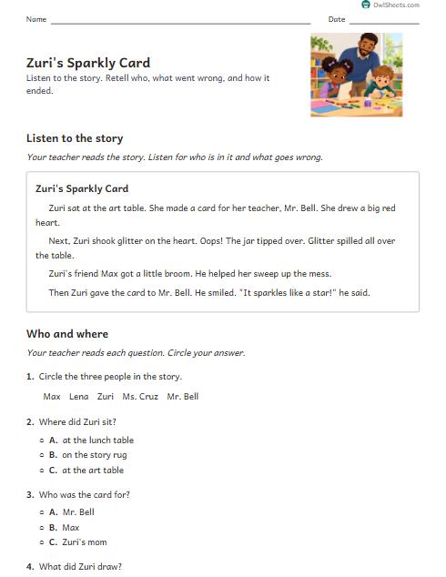 Zuri's Sparkly Card worksheet preview
