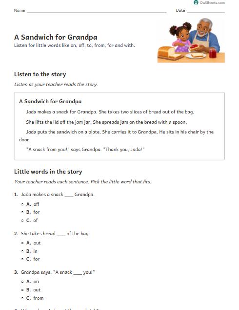A Sandwich for Grandpa worksheet preview