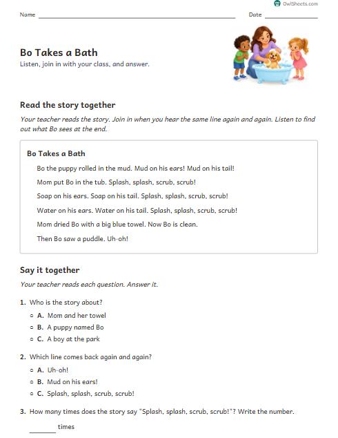 Bo Takes a Bath worksheet preview