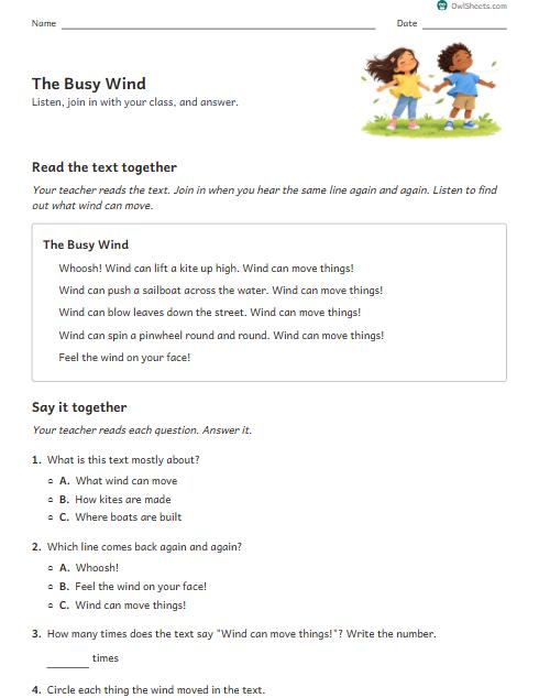 The Busy Wind worksheet preview