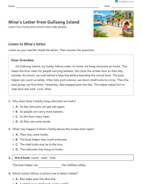 Mina's Letter from Gullsong Island worksheet preview