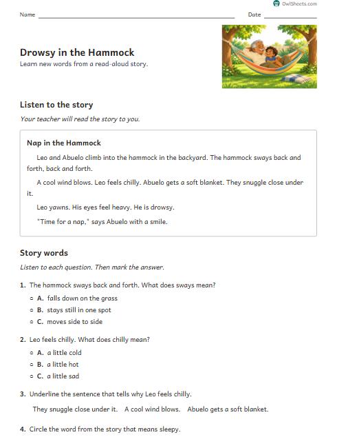 Drowsy in the Hammock worksheet preview