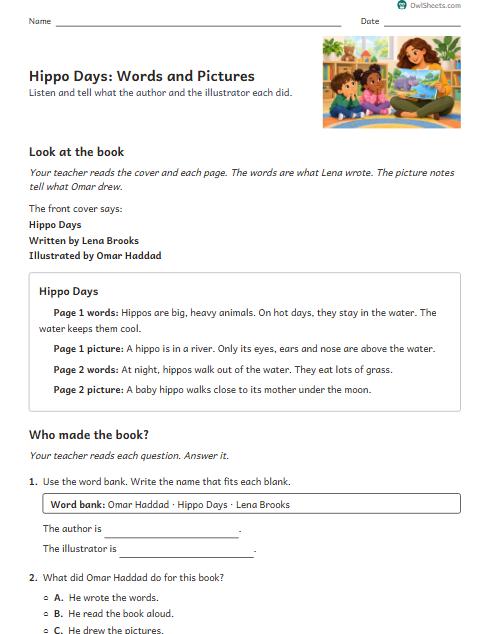 Hippo Days: Words and Pictures worksheet preview