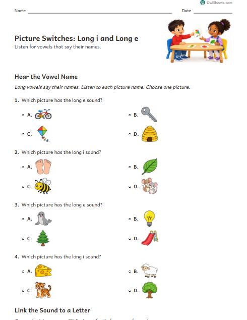 Picture Switches: Long i and Long e worksheet preview