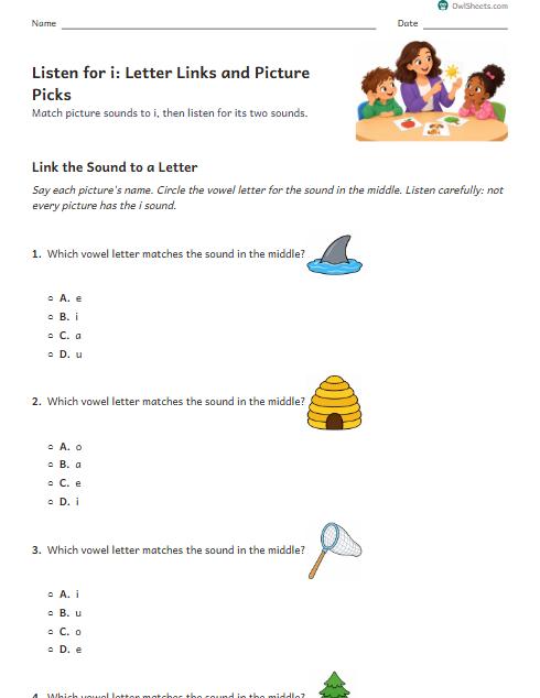 Listen for i: Letter Links and Picture Picks worksheet preview