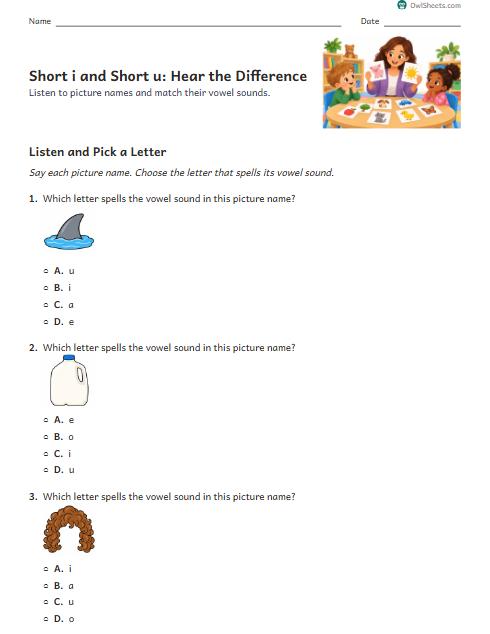 Short i and Short u: Hear the Difference worksheet preview