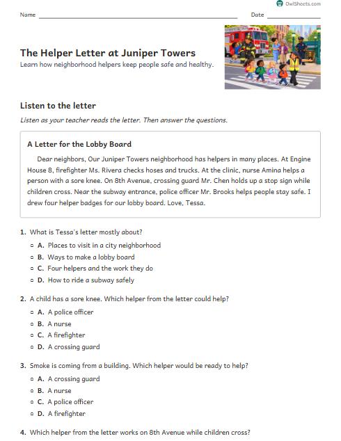 The Helper Letter at Juniper Towers worksheet preview