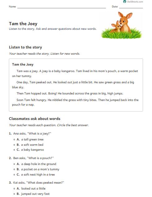 Tam the Joey worksheet preview