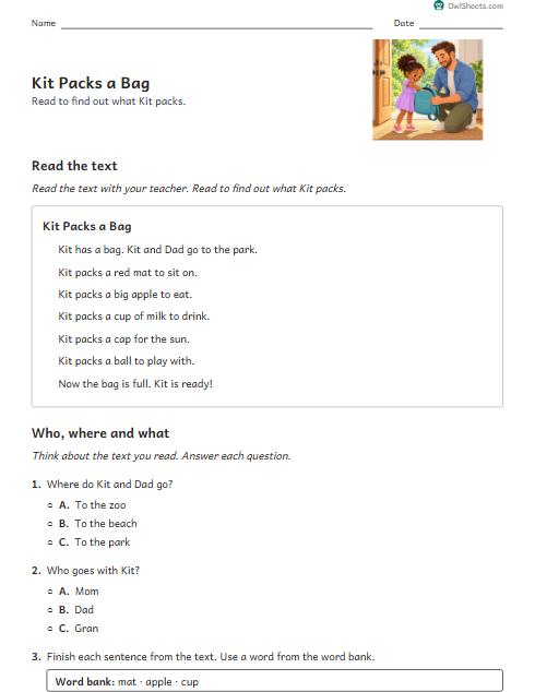 Kit Packs a Bag worksheet preview