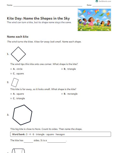 Kite Day: Name the Shapes in the Sky worksheet preview